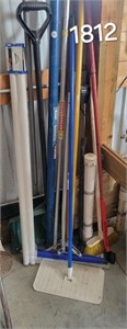 Assorted broom, shovel, fluorescent lights, misc.