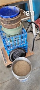 Rolling cart, buckets, crates
