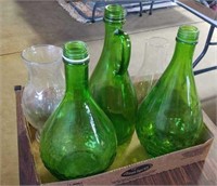 Green glass bottles and Oil Lamp glass