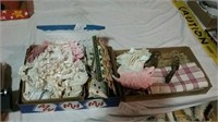 2 boxes lace, sewing notions, tablecloth and