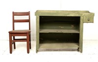 Green Painted Child's Size Dry Sink and Red Chair