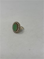 Ring Mkd. 14K Oval Jade Stone with Pearls Around -