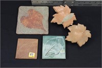 SIGNED POTTERY LEAF TILES,  DECOR