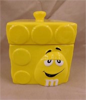 Rare square yellow M&M's cookie jar, 6" tall,