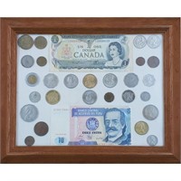 Framed Foreign Currency Bank Notes and Coins