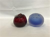 2 paper weights, 1 ruby and 1 cobalt, signed