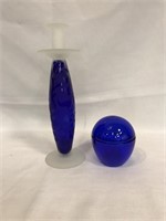2 pc Art glass, cobalt covered dresser jar,
