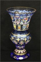 Moser style Handpainted Cobalt Vase 9"