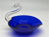 Blown Glass Cobalt Blue Swan Candy Dish