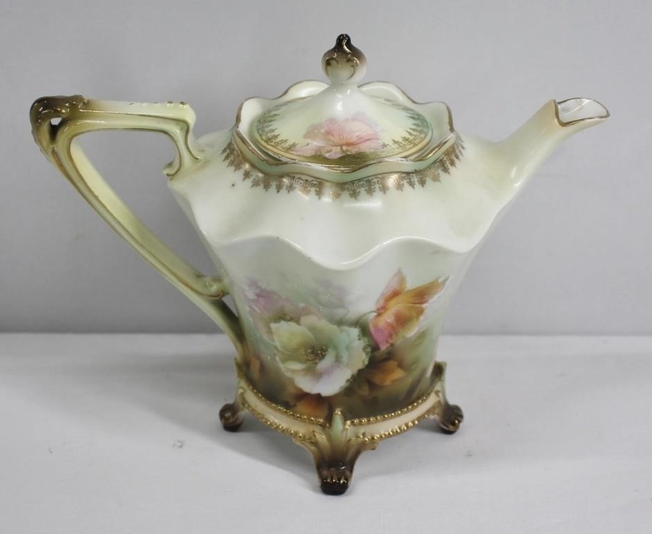 Antique RS Prussia HP Footed Teapot