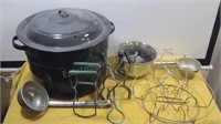 Enameled canning pot and other supplies.