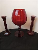 Hand Blown red glass compote and Ruby Red candle