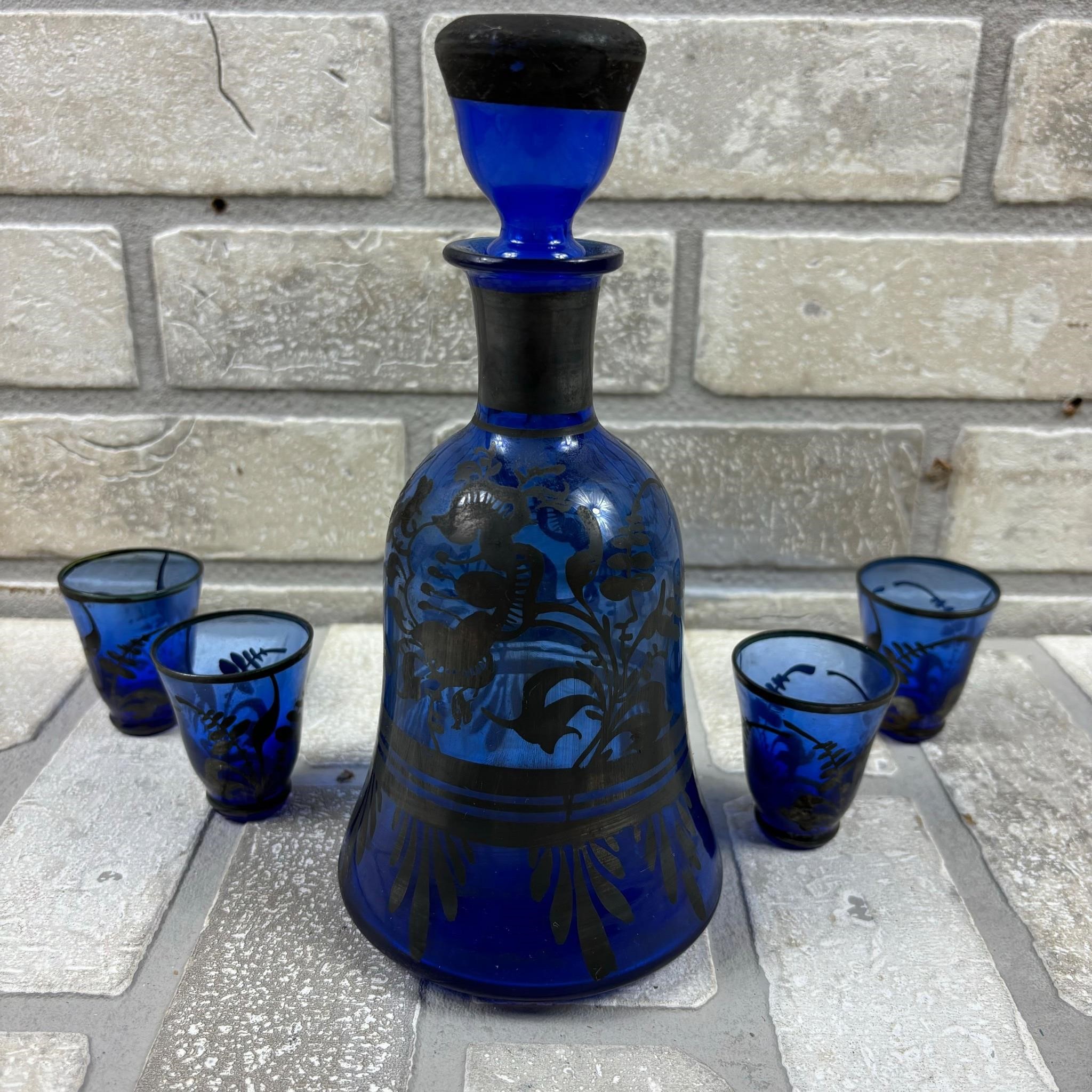 Blue Silver Reduction Decanter Set, 1940s