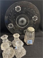 GLASS PLATTER, CANDLESTICKS, SHAKER