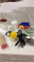 various kitchen items utensils storage containers
