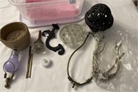Mixed lot. Glass doorknob, flower frog, lamp parts