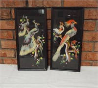 Vintage Japan feather art. Pair of colorful bird