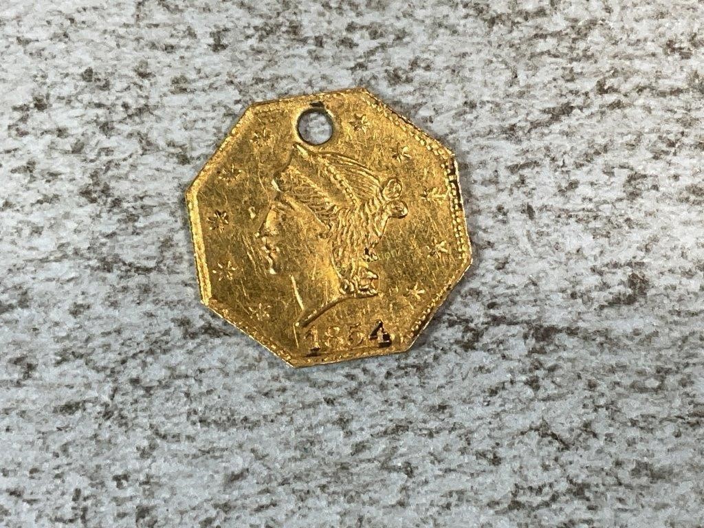 1854 California Fractional gold 1/4 dollar, holed