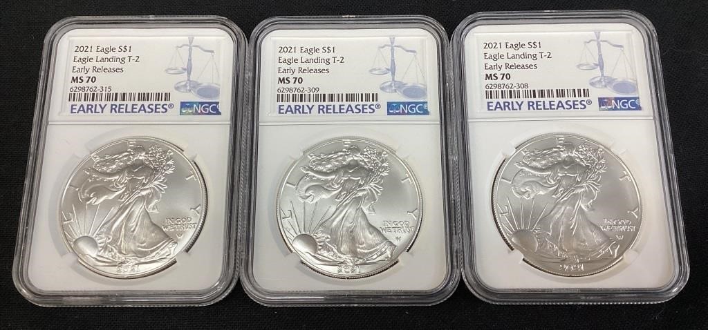 (3) 2021 SILVER AMERICAN EAGLES, EAGLE LANDING