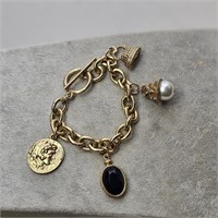 Vintage Roman Motif Gold Tone Charm Bracelet