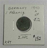 1940-A  German  1 Pfenning  Zinc   XF-details