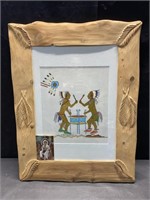 NATIVE ART WITH CARVED FRAME - 22 X 29