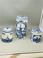 3 pc Delft - canisters w/ lids - 5" to 9" tall