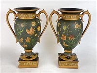 Pair of Botanical Urns with Bronzed Accents