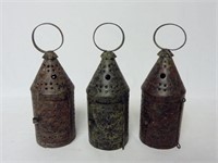 (3) Primitive Style Tin Punch Lanterns ~ 6" Tall