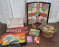 Box Old Games, Cards, Wooden Puzzle In Early