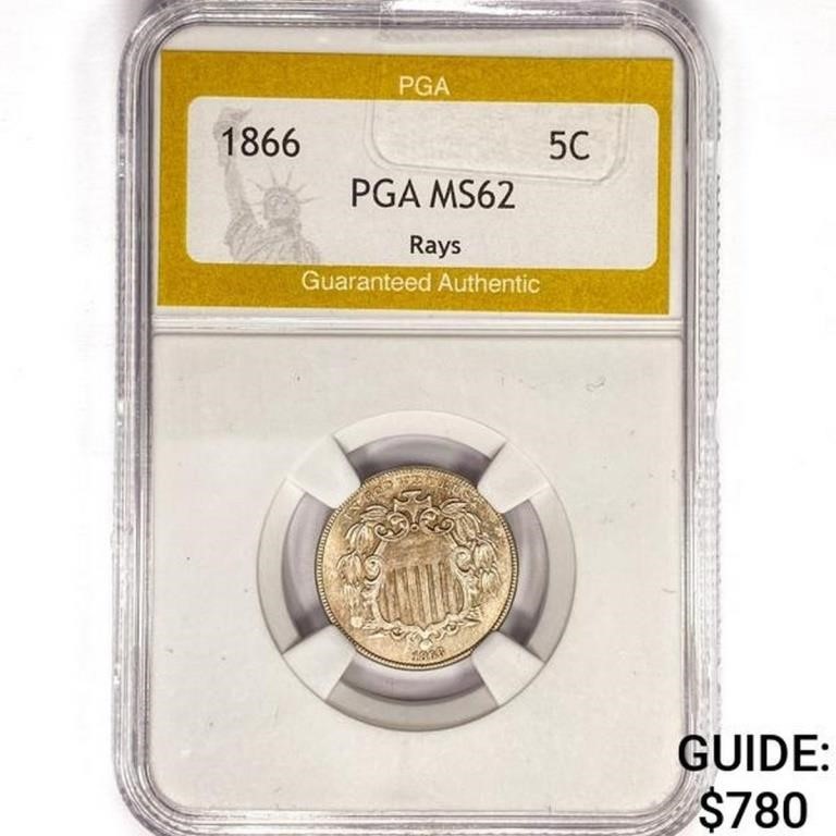 1866 Shield Nickel PGA MS62 Rays