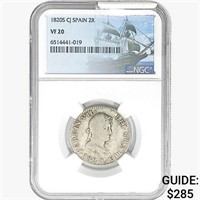 1820S .1767oz. Silver CJ Spain 2 Reales NGC VF20