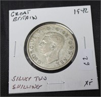 1942 G. BRIT SILVER TWO SHILLLINGS XF