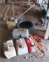Garage items including gas cans, extension cords,