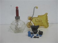 Oil Lamp W/Small Cast Iron Trinkets & Decanter