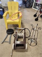 Plastic Muskoka Chairs, hose reel, cultivator,