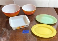 Colored PYREX bowls 9 3/4” & 8 1/4”, FireKing 8x8