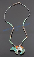 Zuni Sterling Silver Turquoise Inlay Bear Necklace