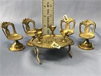 Miniature brass table set, with 4 chairs and 4 gob