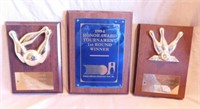 Three 1990's bowling plaques, largest is 6" x 8"