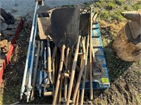 PALLET OF SHOVELS, PITCH FORKS, RAKES, HOES,