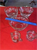 Box of vintage frosted grape etched bowls with