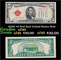 1928C $5 Red Seal United States Note Grades xf