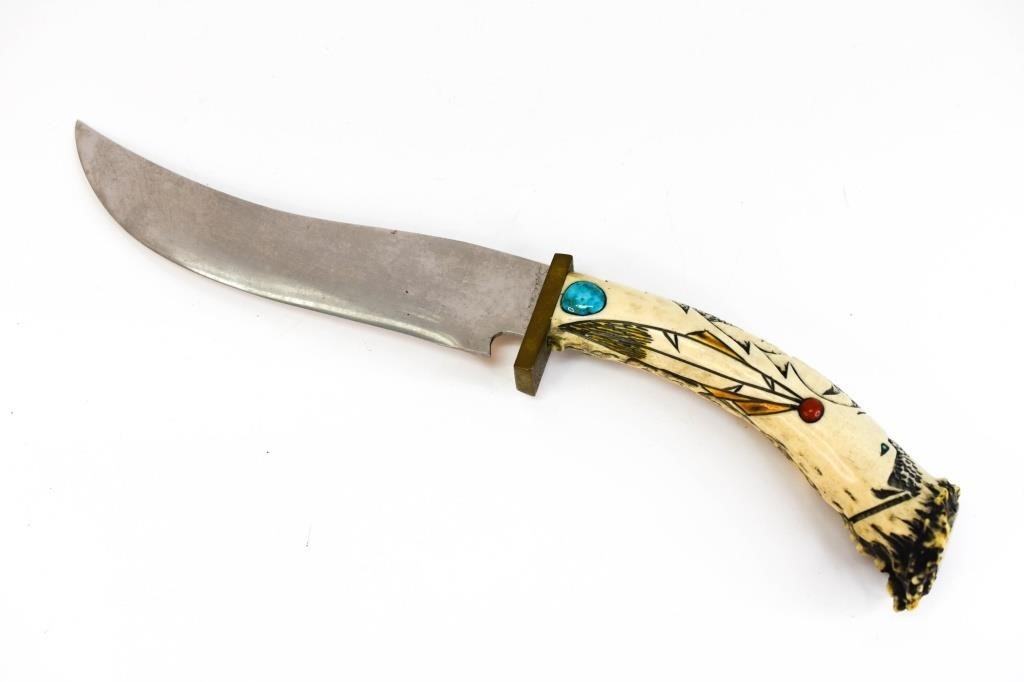 Ted Miller Knife Carved  Antler & Turquoise Handle