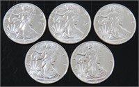 FIVE 1/10TH OZ WALKING LIBERTY 999 SILVER ROUNDS