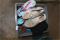 crate of shoes. size 3 sperry shoes, flip flops,o