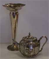 Silver plated large vase and a teapot