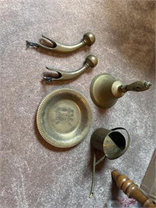 Brass items- plate, bells, water can, horse hames
