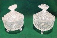 2 small pattern glass butterfly bowls w/ lids