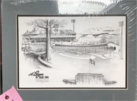 matted pencil drawing of League Stadium